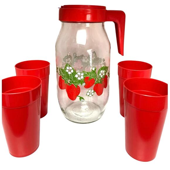 Carlton Other - Vintage Carlton 2L Glass Strawberry Pitcher With 4 Matching Cups